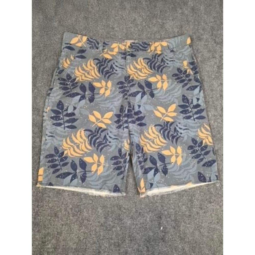 Charles and a Half Mens 38 Tropical Leaf Print Cotton Shorts Grey Raw Hem Summer
